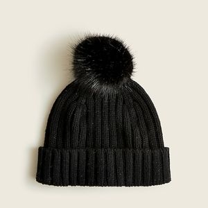 New! J Crew Wool Blend Beanie Faux Fur Pom Pom Black New Winter Hat Ribbed NWT